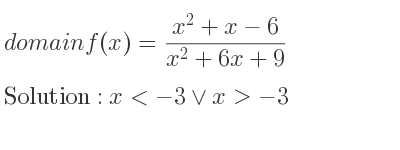 The domain of f(x)=(x^2+x-6)/(x^2+6x+9) is x<-3\lor x>-3